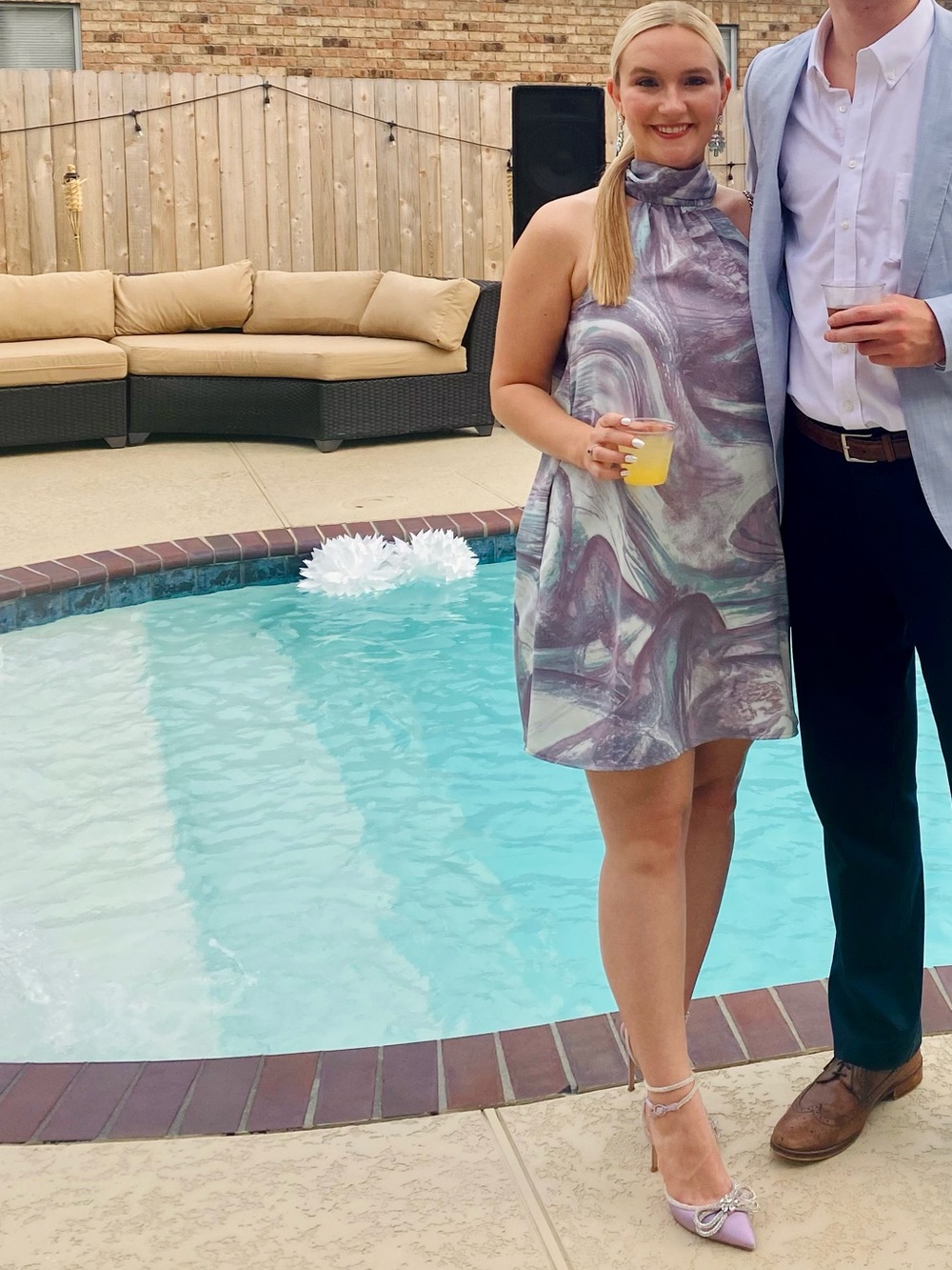 A New Day Sleeveless Marble-Print Halter Dress in Purple and Teal with sash